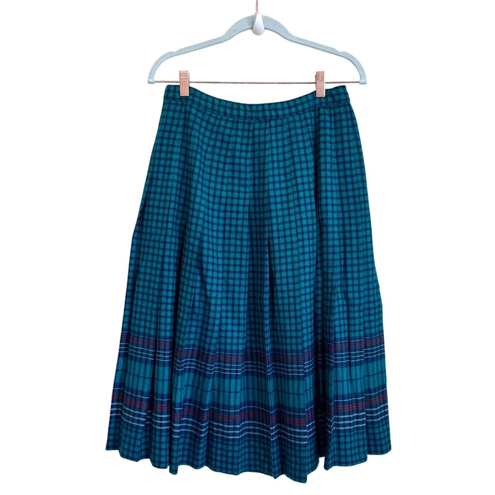 Vintage Pendleton Womens 80s Plaid Pleated Midi Skirt 14 Teal Blue Wool Preppy
